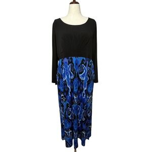 Bob Mackie Dress Womens 1X Black Blue Maxi Wearable Art Ikat Long Sleeve Empire